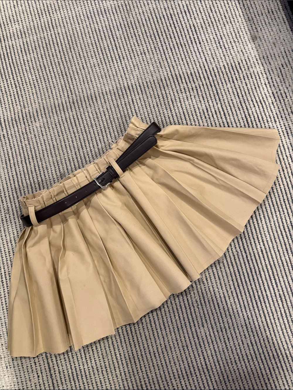 Divided Tan Pleated Mini Skirt with Dark Brown Belt